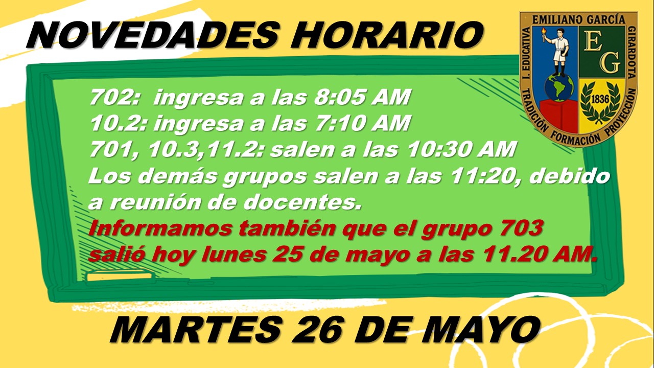 HORARIO MARTES 25 DE MAYO DE 2026