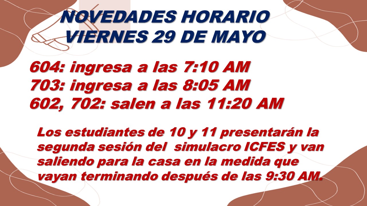 HORARIO VIERNES 29 DE MAYO DE 2026