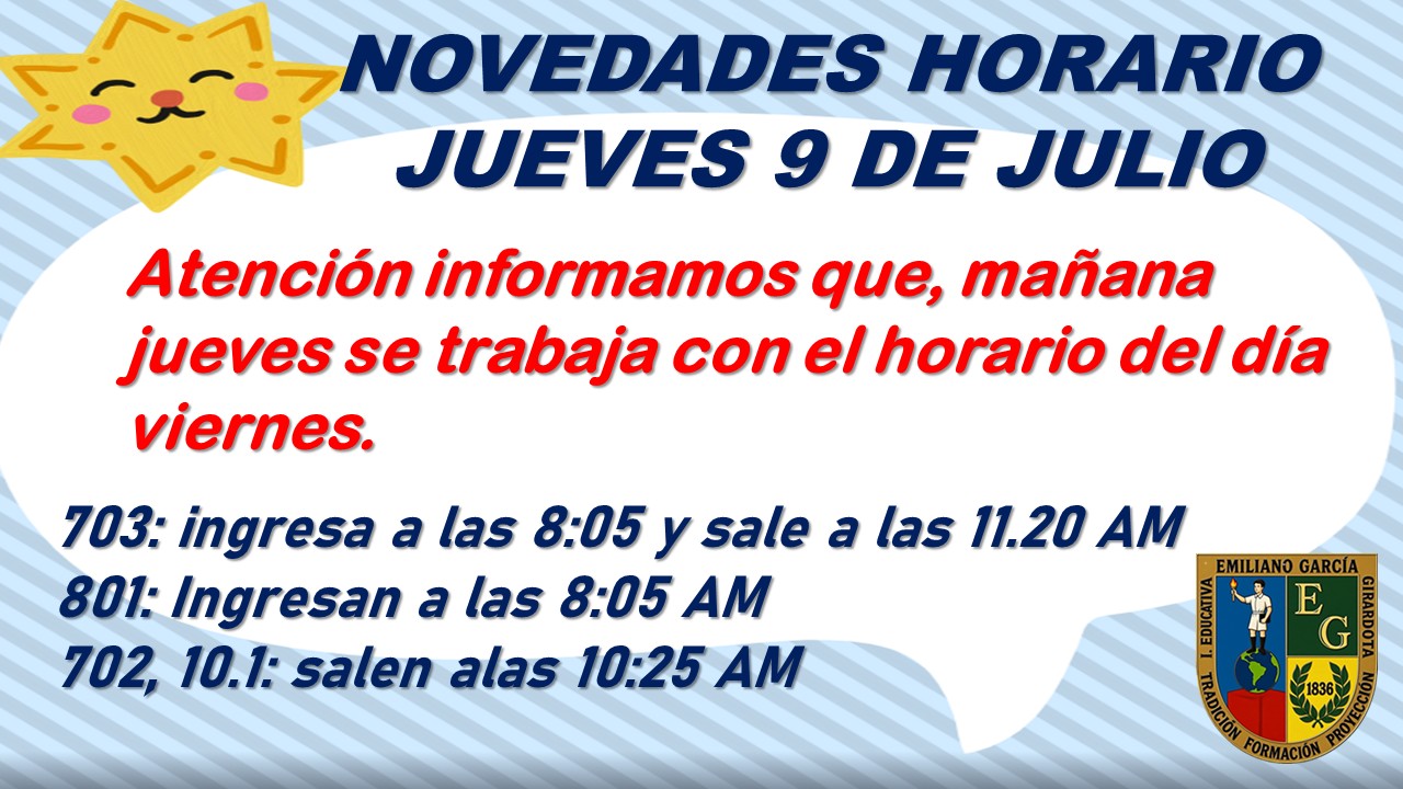 HORARIO  JUEVES 9 DE JULIO DE 2026