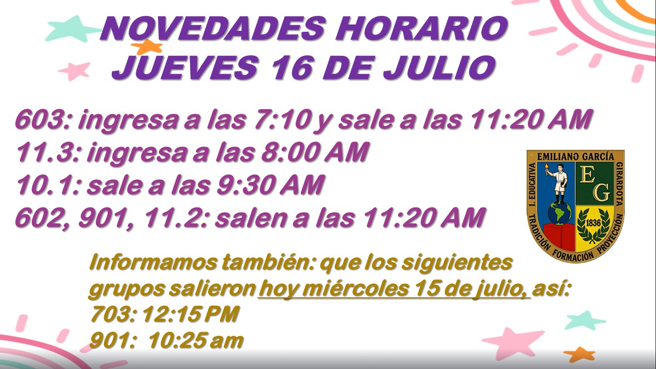 HORARIO JUEVES 16 DE JULIO DE 2026