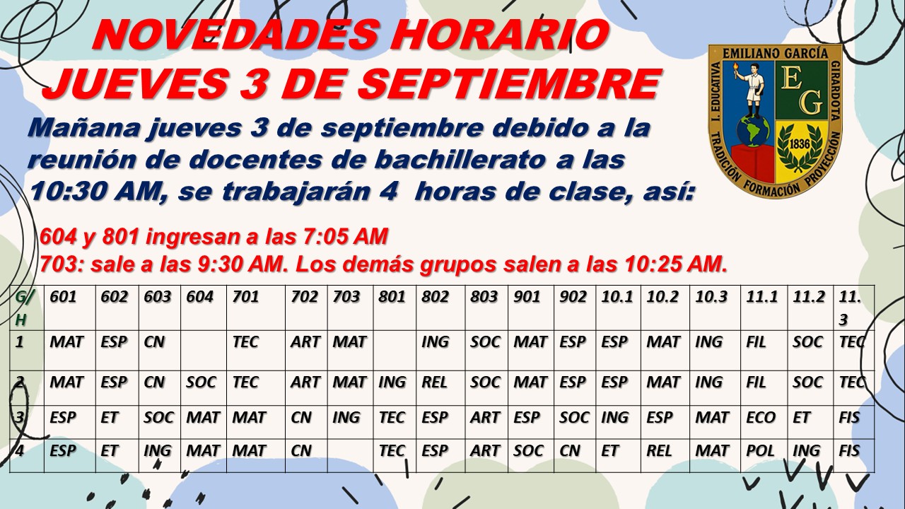 HORARIO JUEVES 3 DE SEPTIEMBRE DE 2026