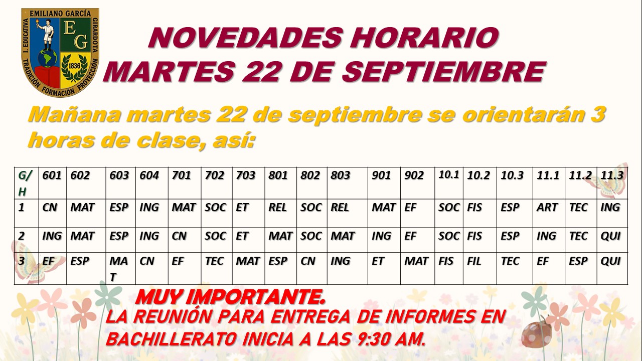 HORARIO MARTES 22 DE SEPTIEMBRE
