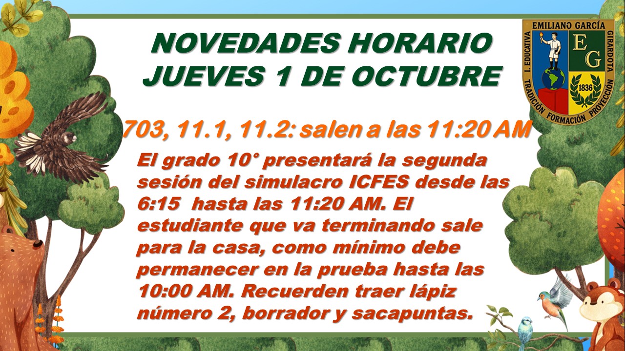 HORARIO JUEVES 1 DE OCTUBRE DE 2026