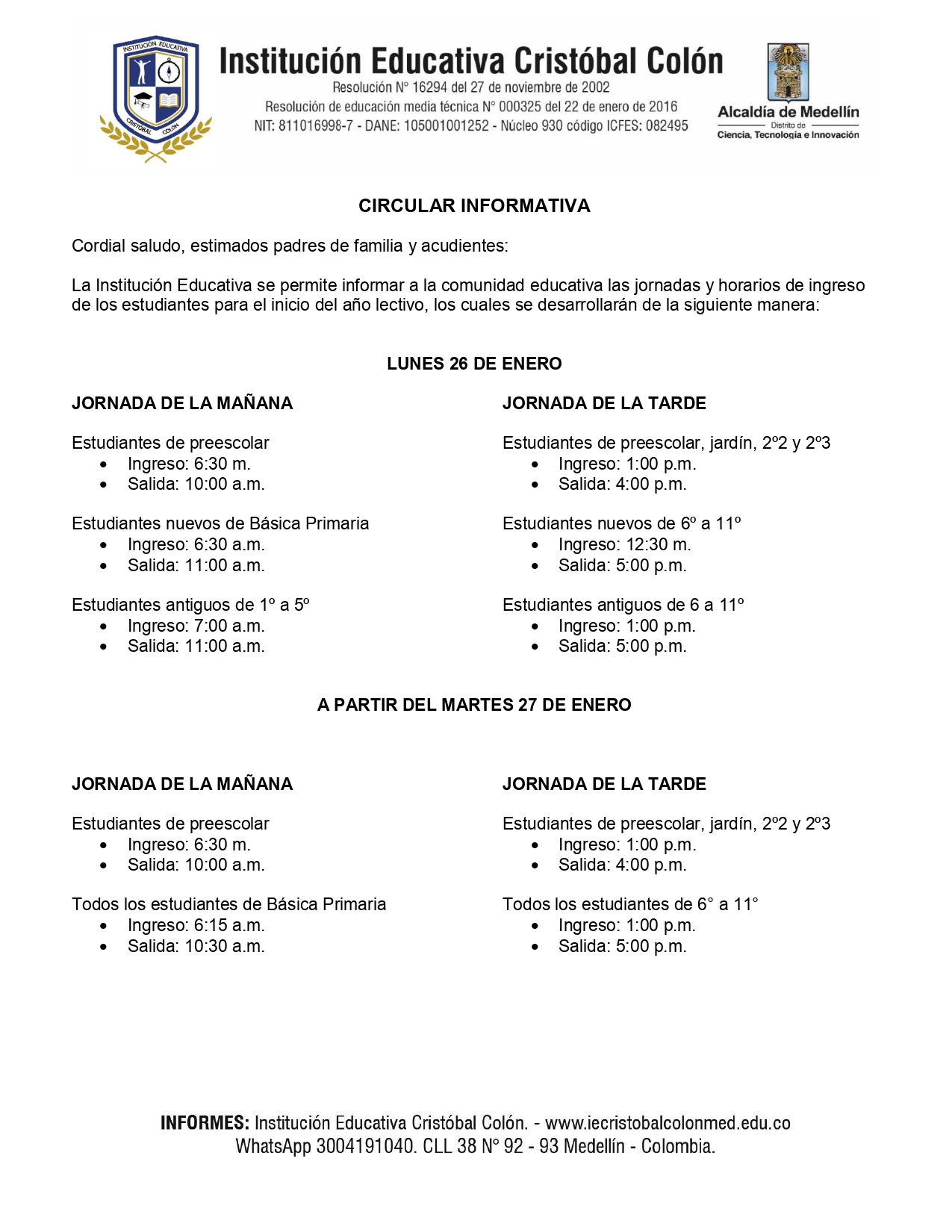 HORARIOS DE INGRESO 2026