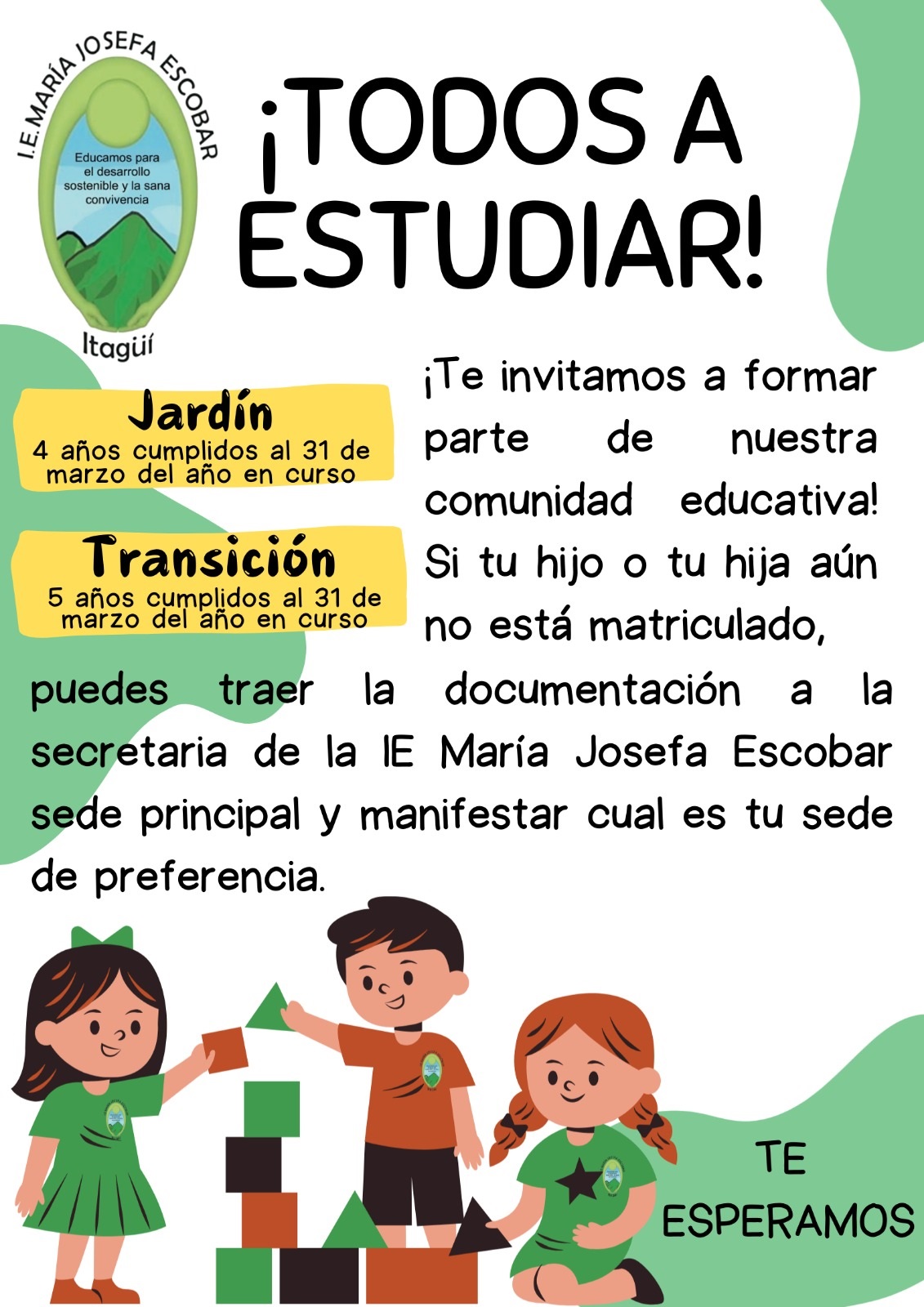 Imagen informativa que anuncia cupos disponibles para Jardín y Transición en la Institución Educativa María Josefa Escobar e invita a las familias a realizar el proceso de matrícula.