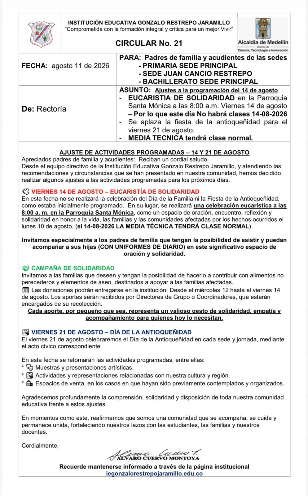 Ajustes a las actividades programadas el 14 de agosto. 
EUCARISTÍA DE LA SOLIDARIDAD. 
8:00 AM en la parroquia Santa Mónica.