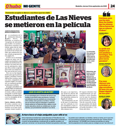En este articulo del periódico Q Hubo se destaca la acogida que tuvo al escritura Ana Galvañ por parte de los estudiantes de nuestra Institución Educativa.