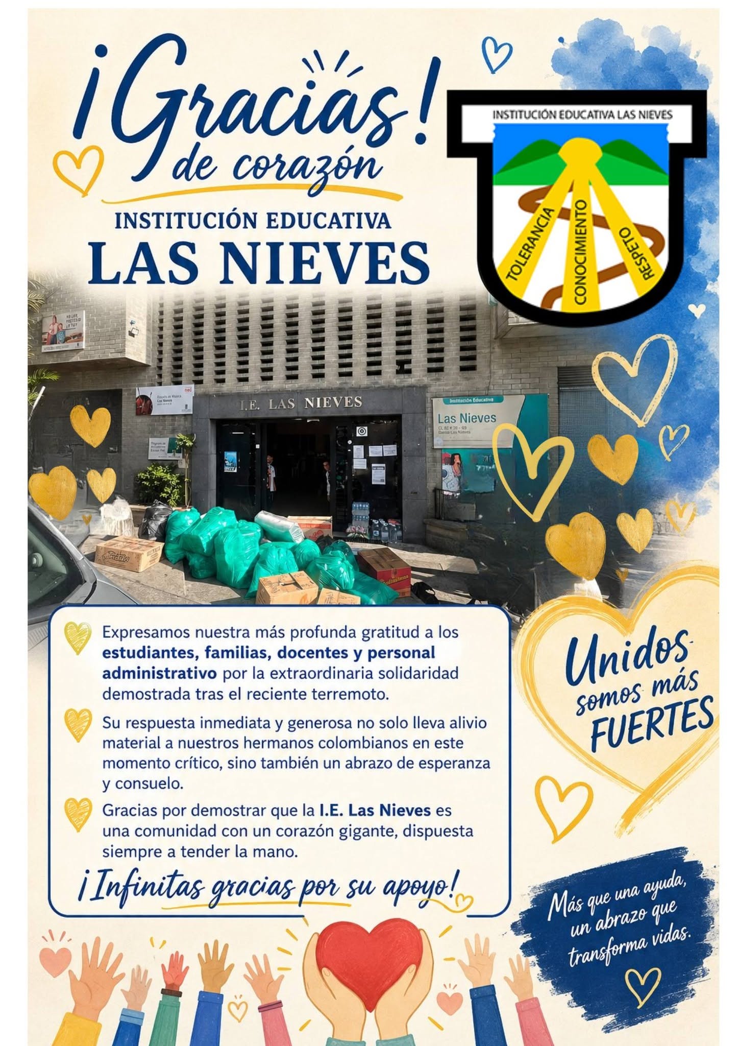 La Institución Educativa Las Nieves se unió a una gran donatón por las familias afectadas por el terremoto.