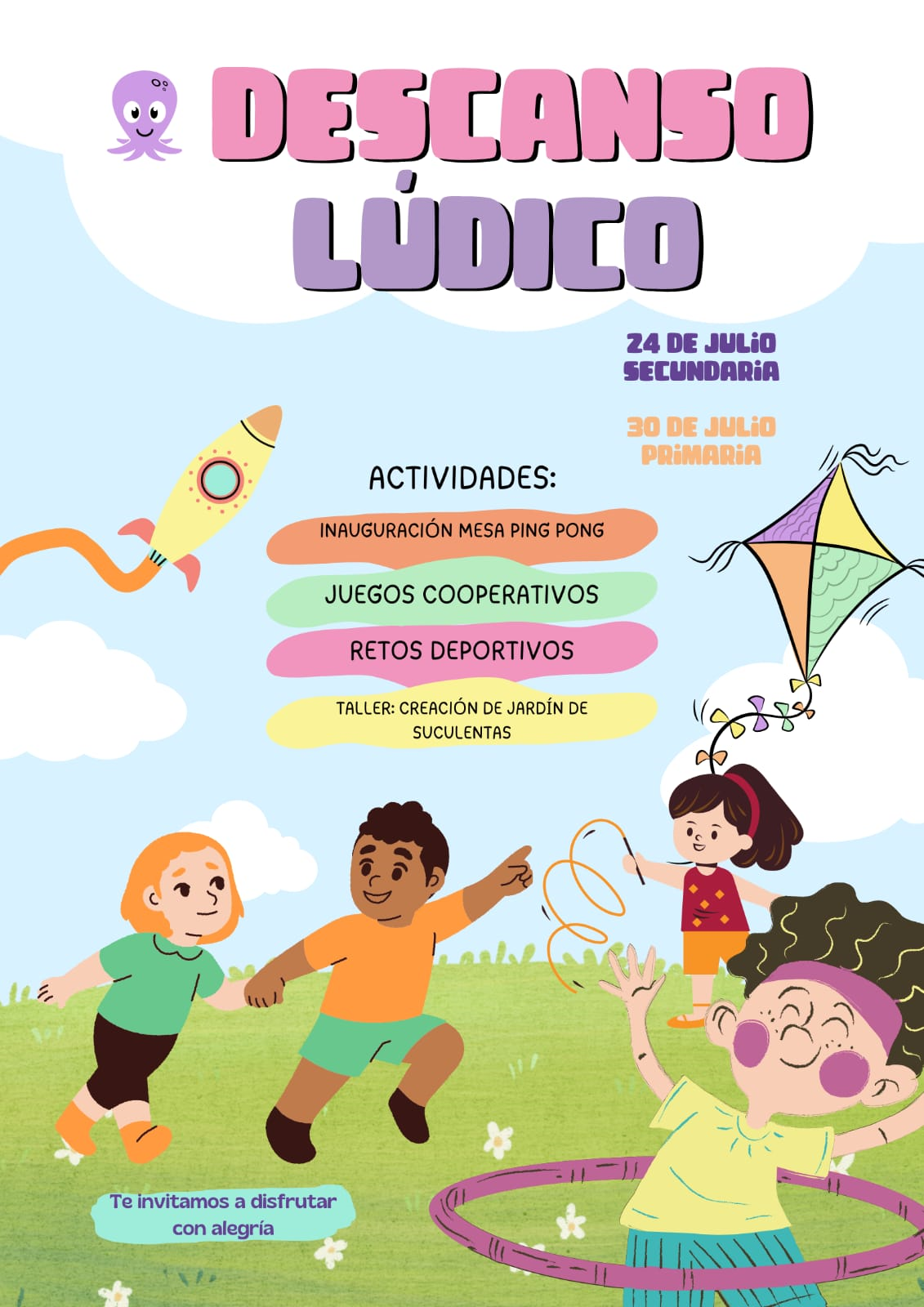 Invitación para participar en el descanso lúdico Nº6. Niños jugando con cometas.