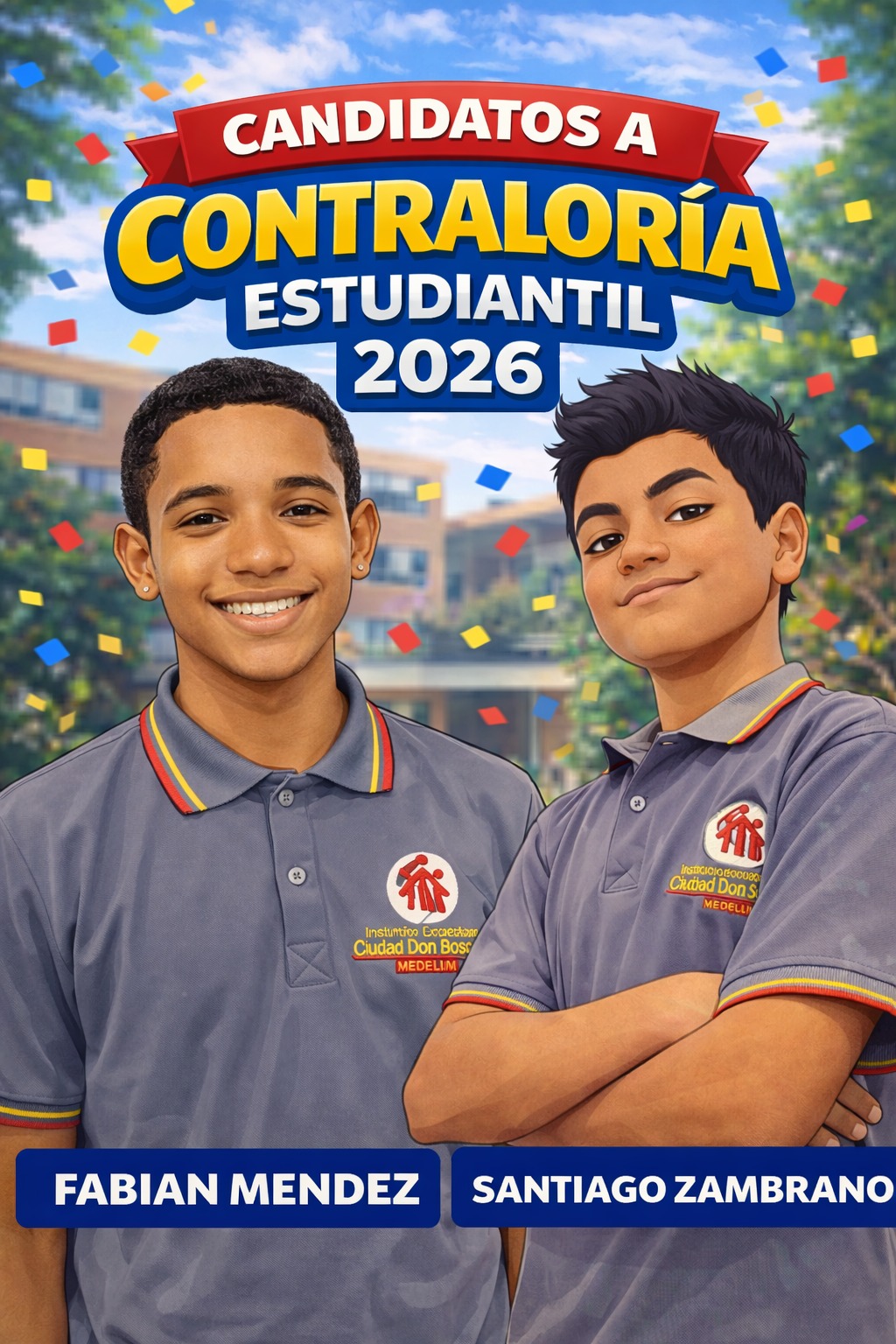 Candiados a la contraloría estudiantil 
Ellos son Fabián Méndez, del grado Pensar 3, y Santiago Zambrano, del grado décimo 
Candidatos a la contraloría