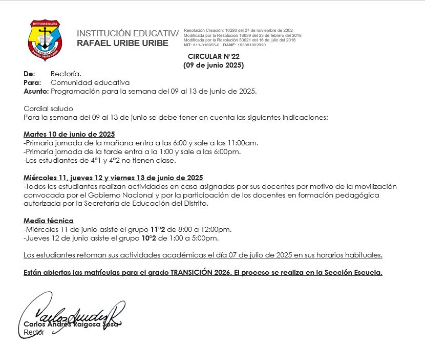 Programación para la semana del 09 al 13 de junio de 2025.