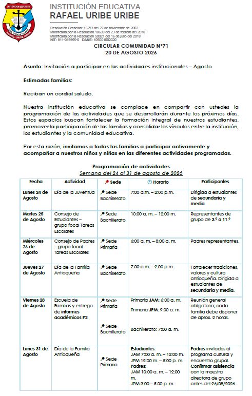 Invitación a participar en las actividades institucionales  Agosto