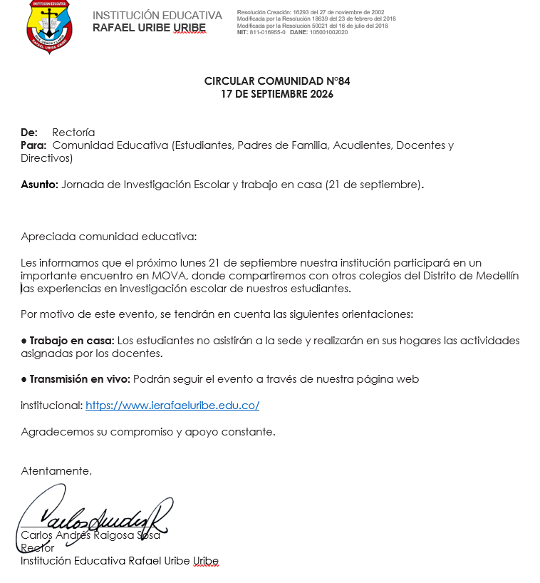 Les informamos que el próximo lunes 21 de septiembre nuestra institución participará en un importante encuentro en MOVA, donde compartiremos con otros colegios del Distrito de Medellín las experiencias en investigación escolar de nuestros estudiantes