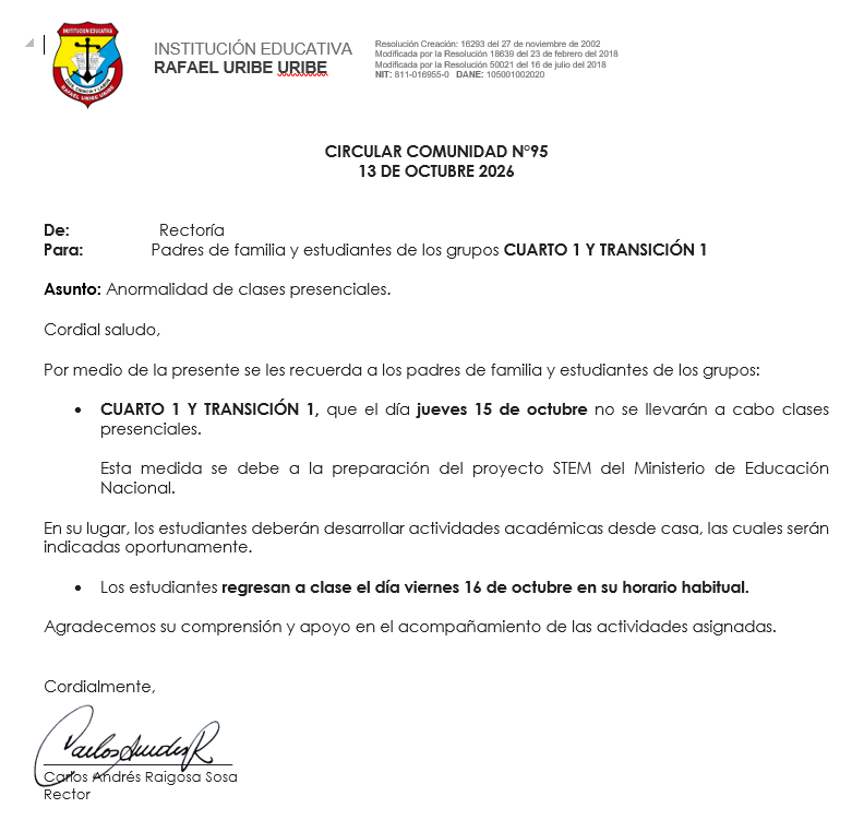 ANORMALIDAD DE CLASES PRESENCIALES DE LOS GRADOS CUARTO 1 Y TRANSICIÓN 1