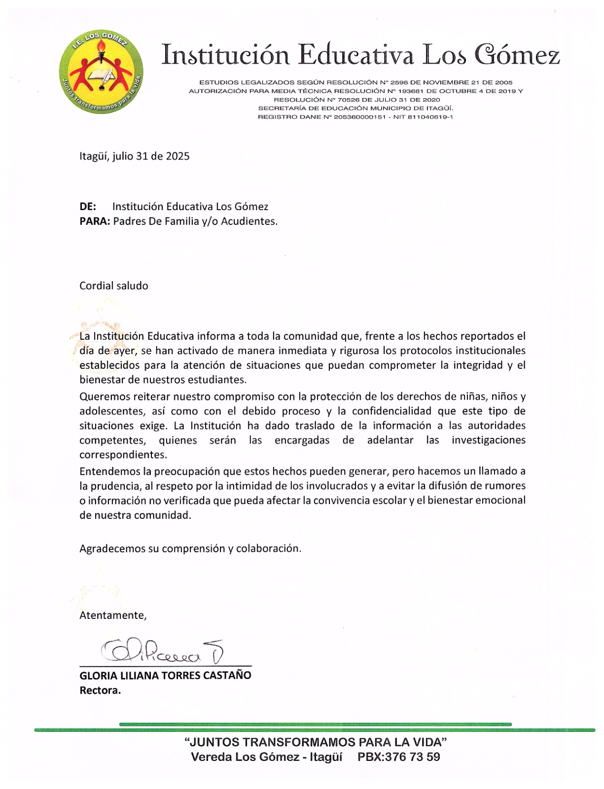 Información para la comunidad educativa
