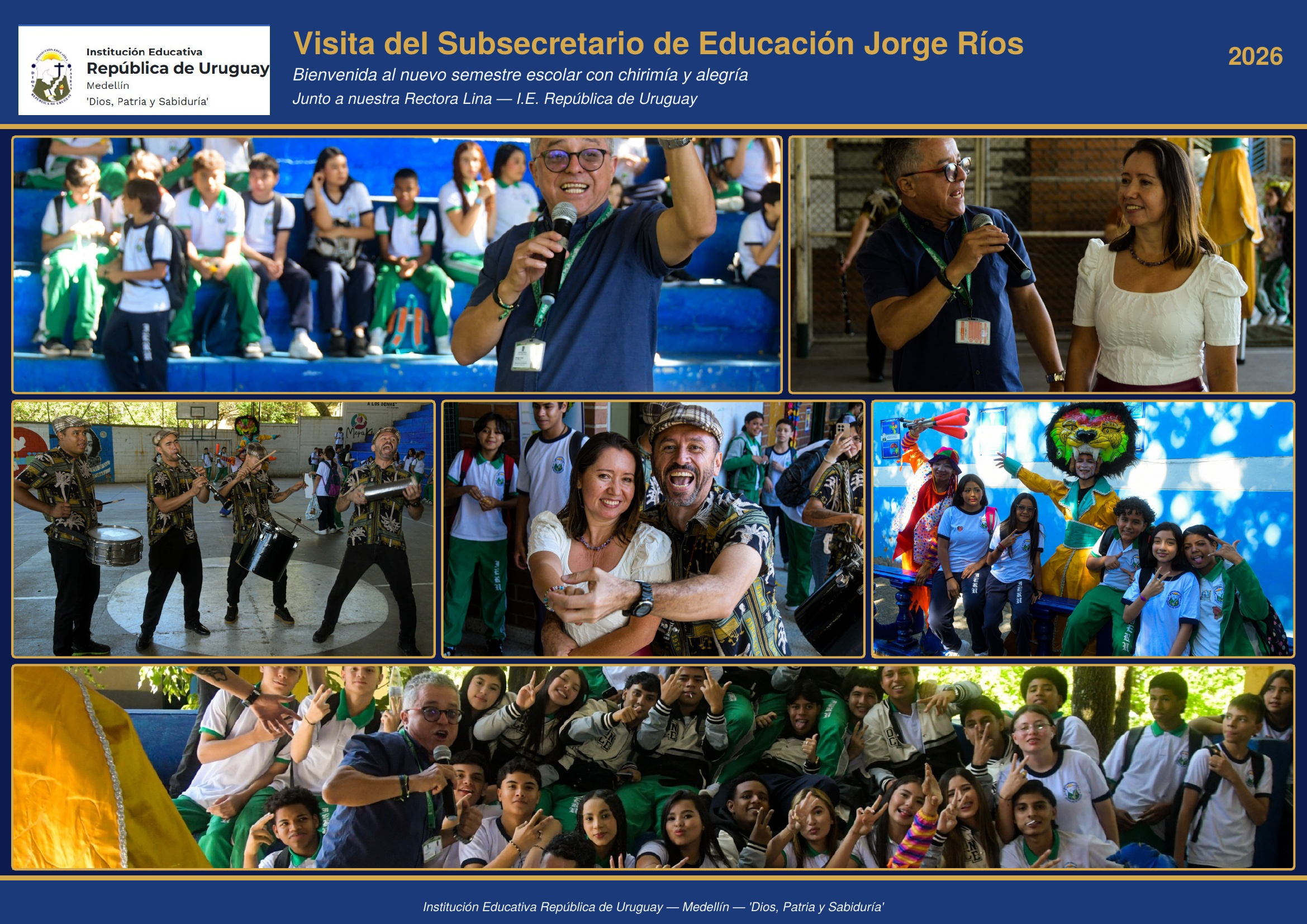 El Subsecretario de Educación Jorge Ríos y su equipo visitaron la IERU para dar la bienvenida al nuevo semestre. Junto a la Rectora Lina, motivaron a los estudiantes de grado 11 para las pruebas ICFES. La chirimía llenó de energía la jornada.