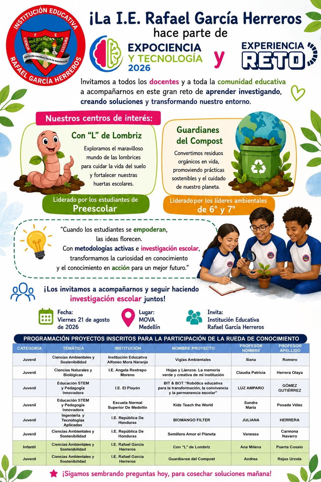 Queremos invitarlos a quienes quieran acomparnos a expociencia y experiencia reto 2026, con 2 centros de interés que venimos trabajando, uno de ellos llamado con L de lombríz y otro, guardianes del compost, ¡Los esperamos!