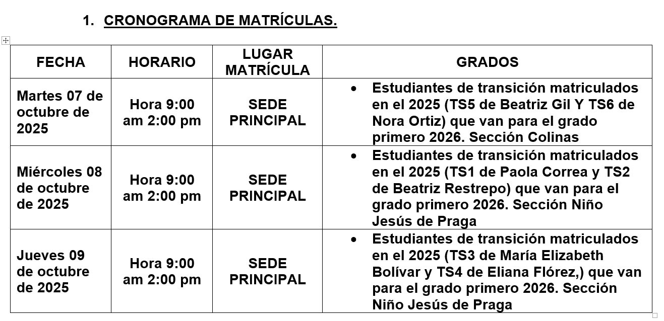 CRONOGRAMA MATRICULAS DE TRANSICIÓN A PRIMERO