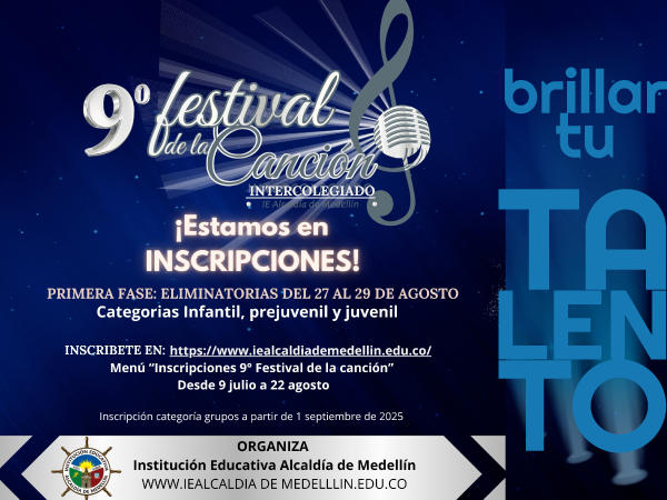 Categorías: 
Infantil: 6 a 11 años
Prejuvenil: 12 a 15 años
Juvenil y mayores: 16 años o más
Grupos: sin límite de edad
 Informes e inscripciones en la página web 
www.iealcaldiademedellin.edu.co 
 ¡Ven a romperla...! 
Te esperamos...