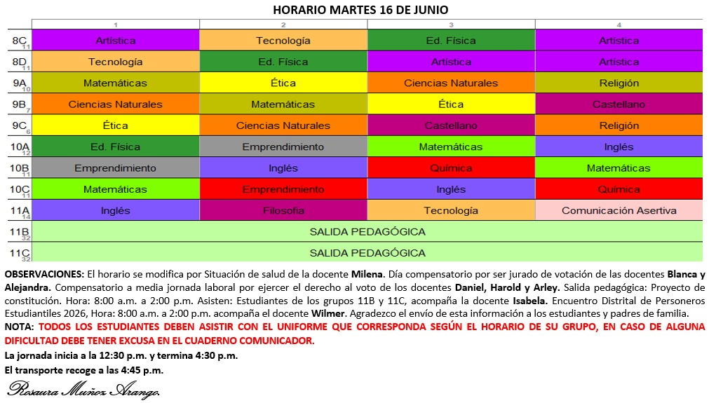 HORARIO BACHILLERATO JORNADA DE LA TARDE - SEDE JUAN J. ESCOBAR