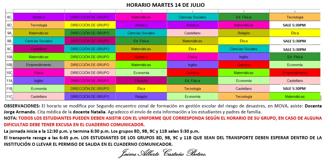 Horario Jornada Tarde - I.E. Juan J. Escobar