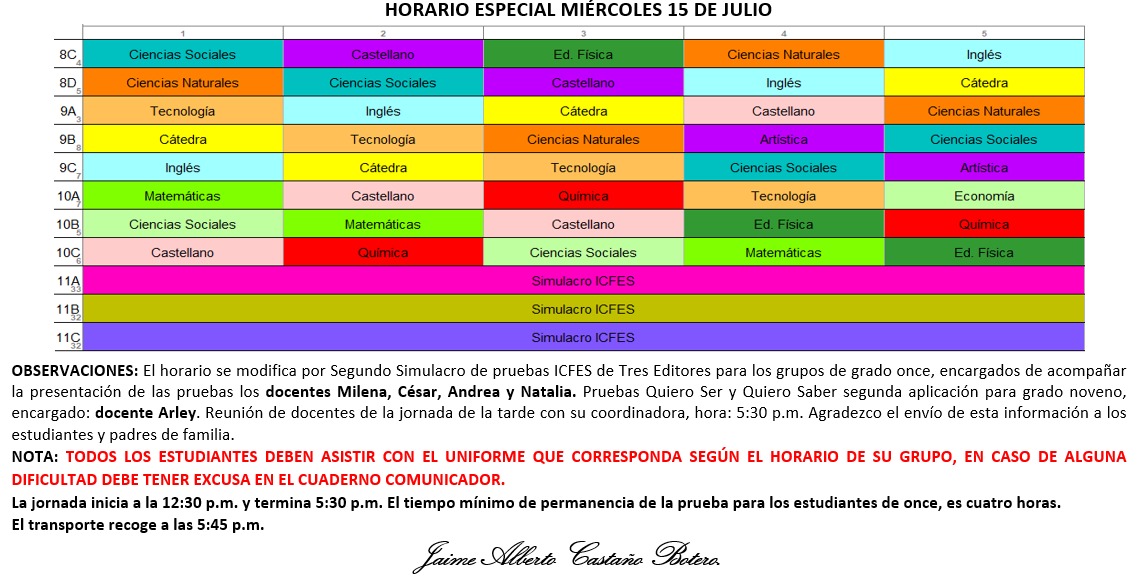 Horario Jornada Tarde - I.E. Juan J. Escobar