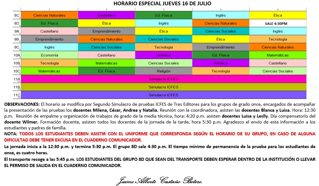 Horario Jornada Tarde - I.E. Juan J. Escobar