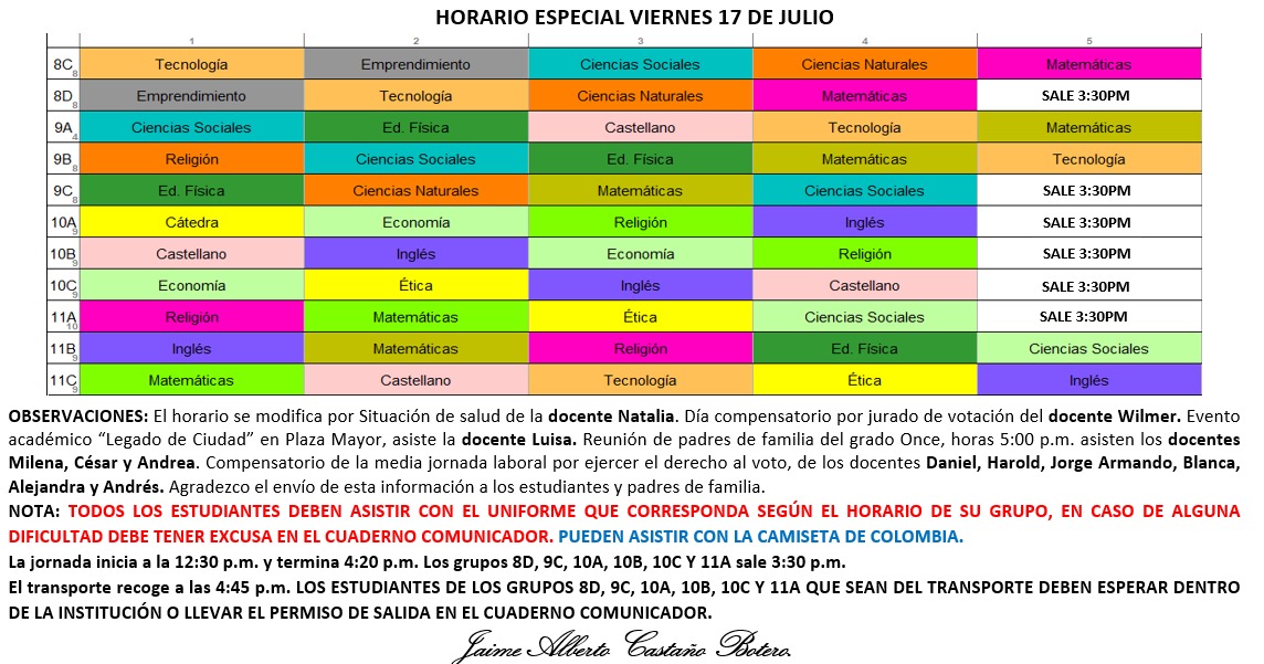 Horario Jornada Tarde - I.E. Juan J. Escobar