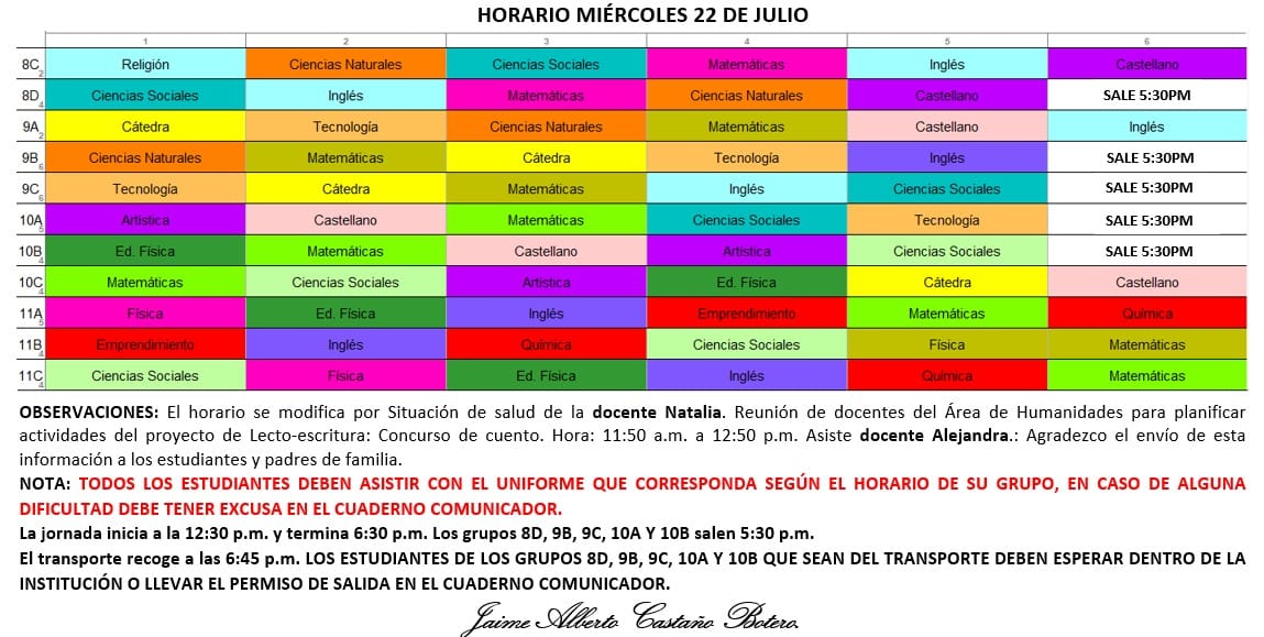 Horario Jornada Tarde - I.E. Juan J. Escobar