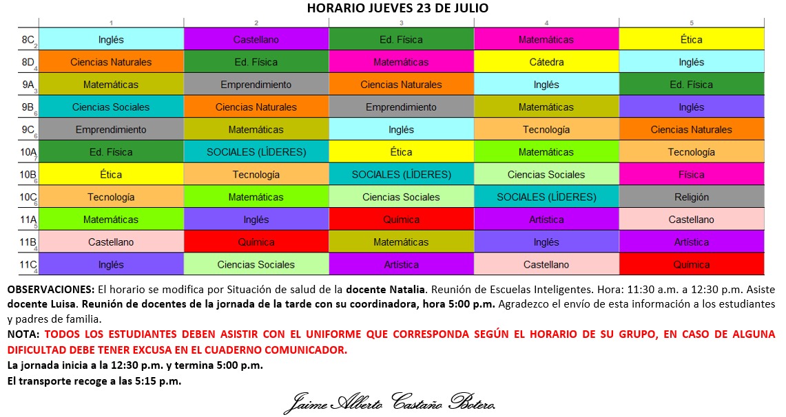 Horario Jornada Tarde - I.E. Juan J. Escobar