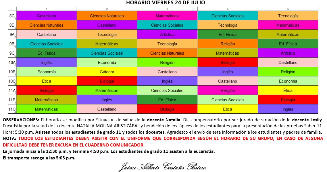 Horario Jornada Tarde - I.E. Juan J. Escobar