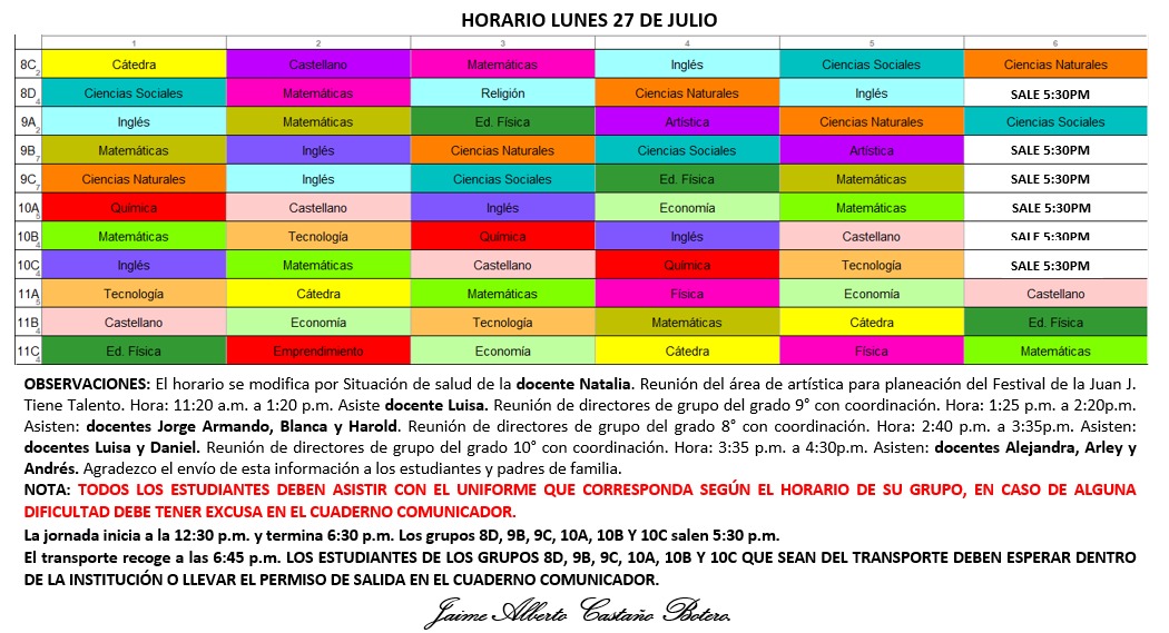 Horario Jornada Tarde - I.E. Juan J. Escobar