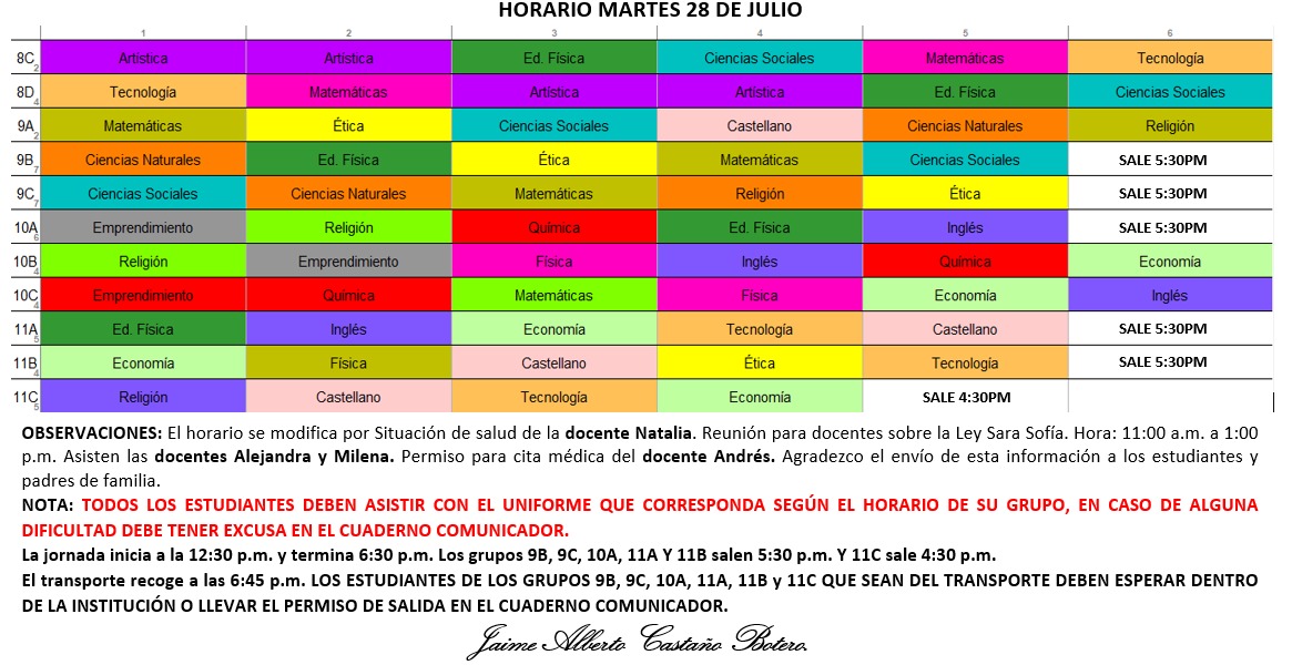 Horario Jornada Tarde - I.E. Juan J. Escobar