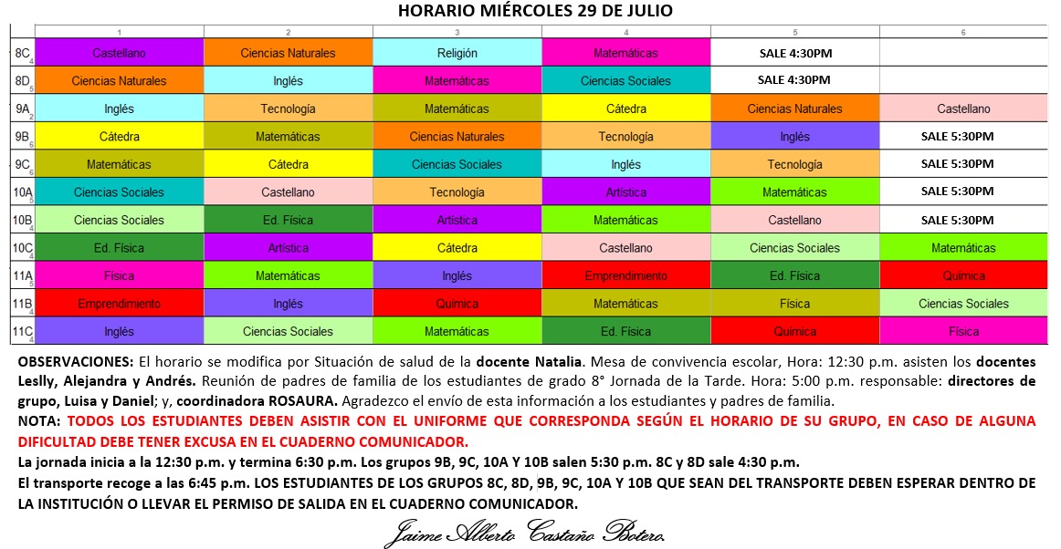Horario Jornada Tarde - I.E. Juan J. Escobar