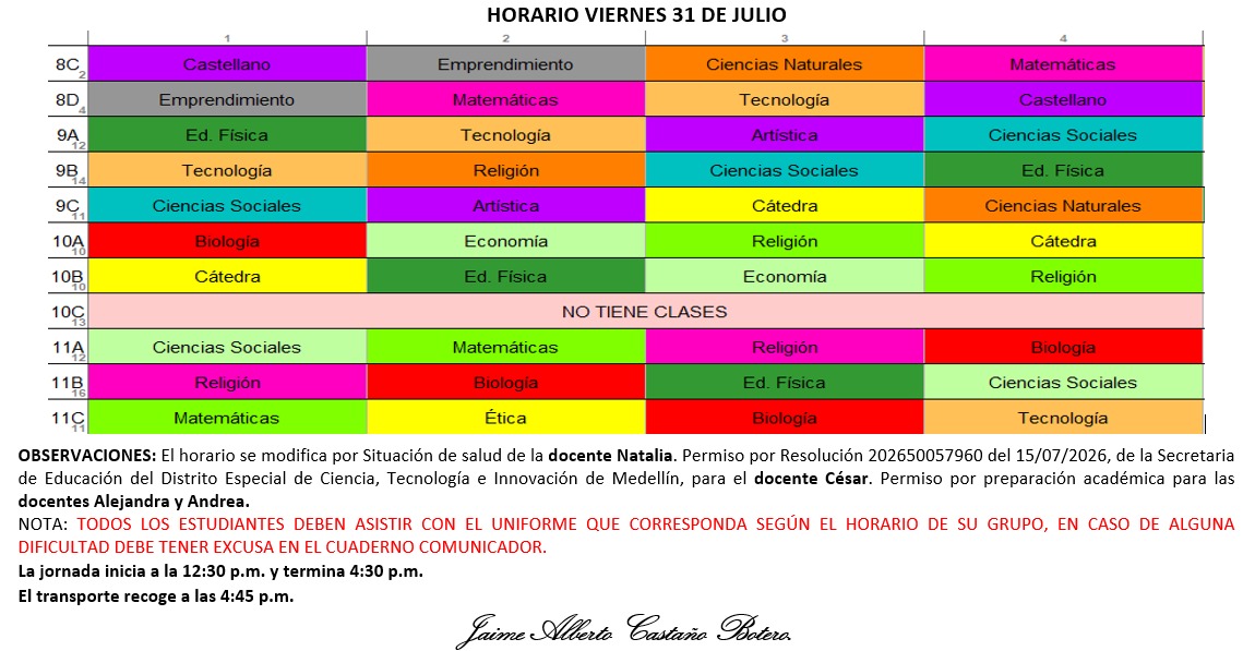 Horario Jornada Tarde - I.E. Juan J. Escobar