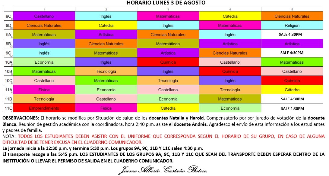 Horario Jornada Tarde - I.E. Juan J. Escobar