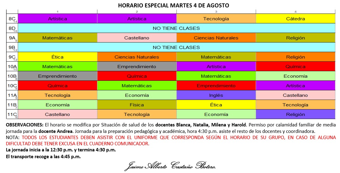 Horario Jornada Tarde - I.E. Juan J. Escobar
