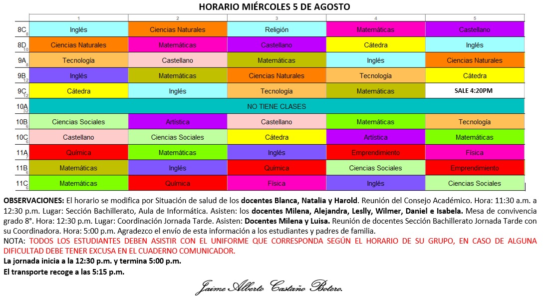 Horario Jornada Tarde - I.E. Juan J. Escobar