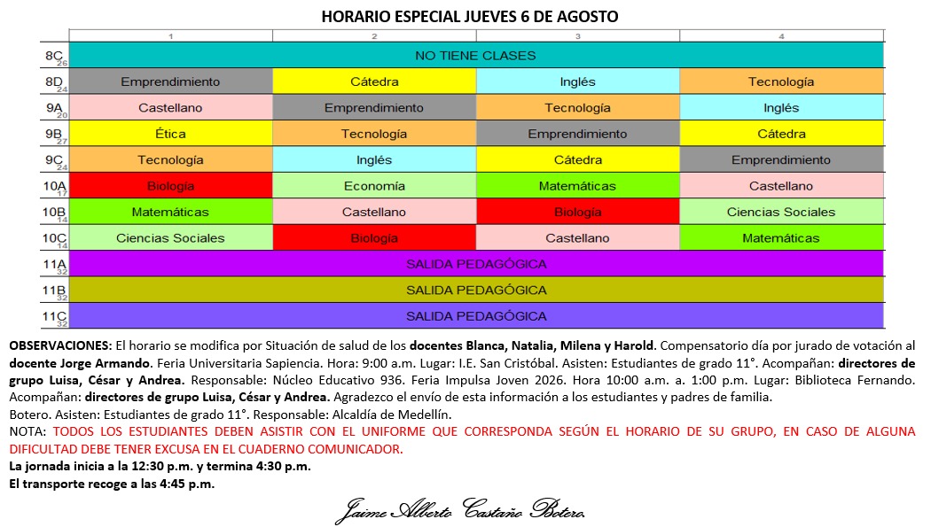 Horario Jornada Tarde - I.E. Juan J. Escobar