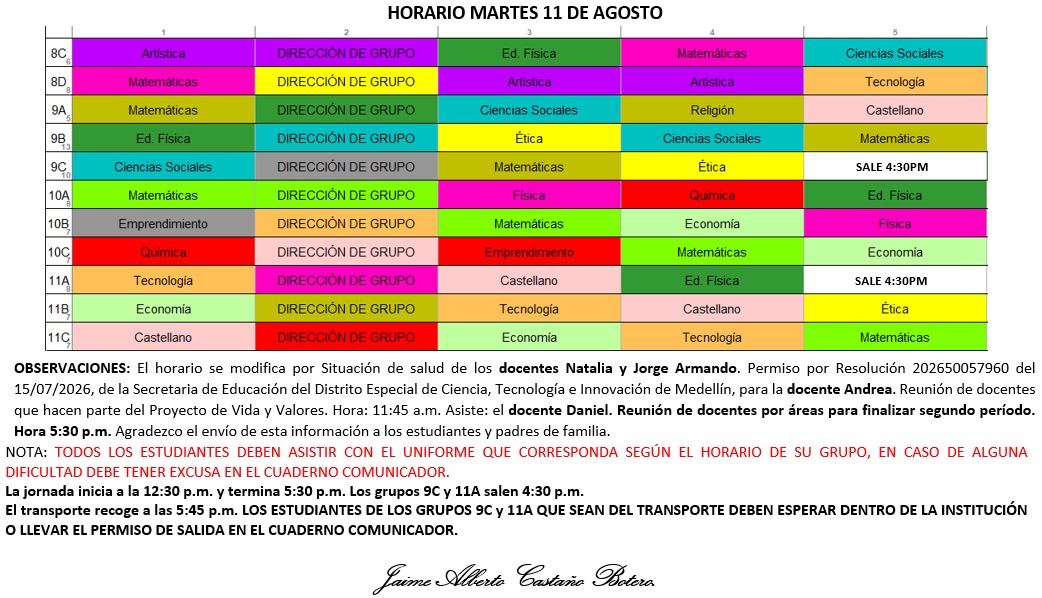 Horario Jornada Tarde - I.E. Juan J. Escobar