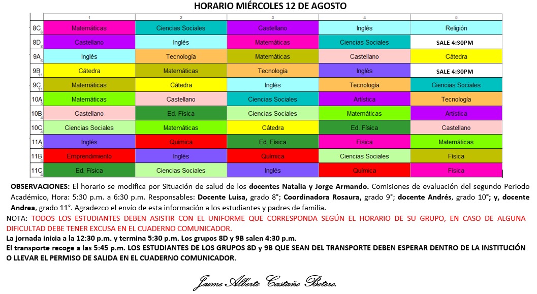Horario Jornada Tarde - I.E. Juan J. Escobar