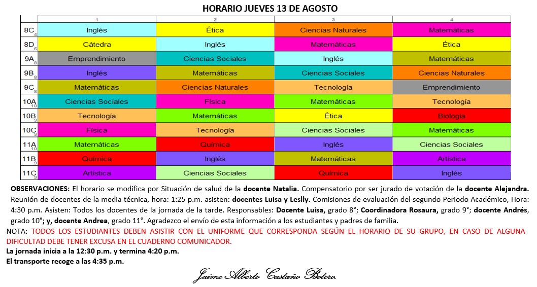 Horario Jornada Tarde - I.E. Juan J. Escobar