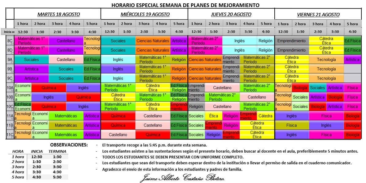 Horario Jornada Tarde - I.E. Juan J. Escobar. SEMANA RECUPERACION