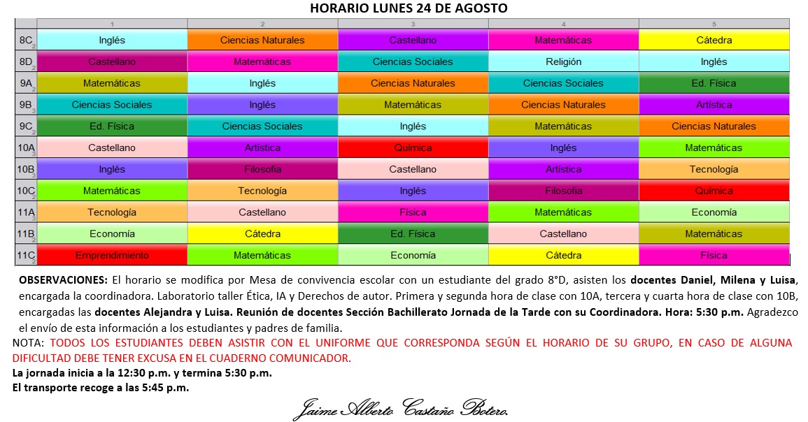 Horario Jornada Tarde - I.E. Juan J. Escobar