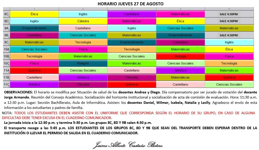 Horario Jornada Tarde - I.E. Juan J. Escobar