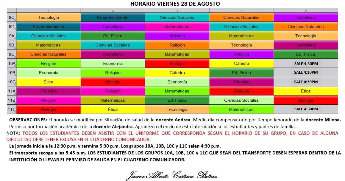 Horario Jornada Tarde - I.E. Juan J. Escobar