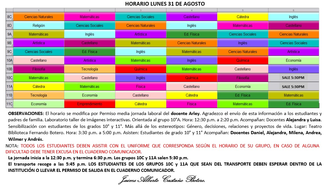 Horario Jornada Tarde - I.E. Juan J. Escobar