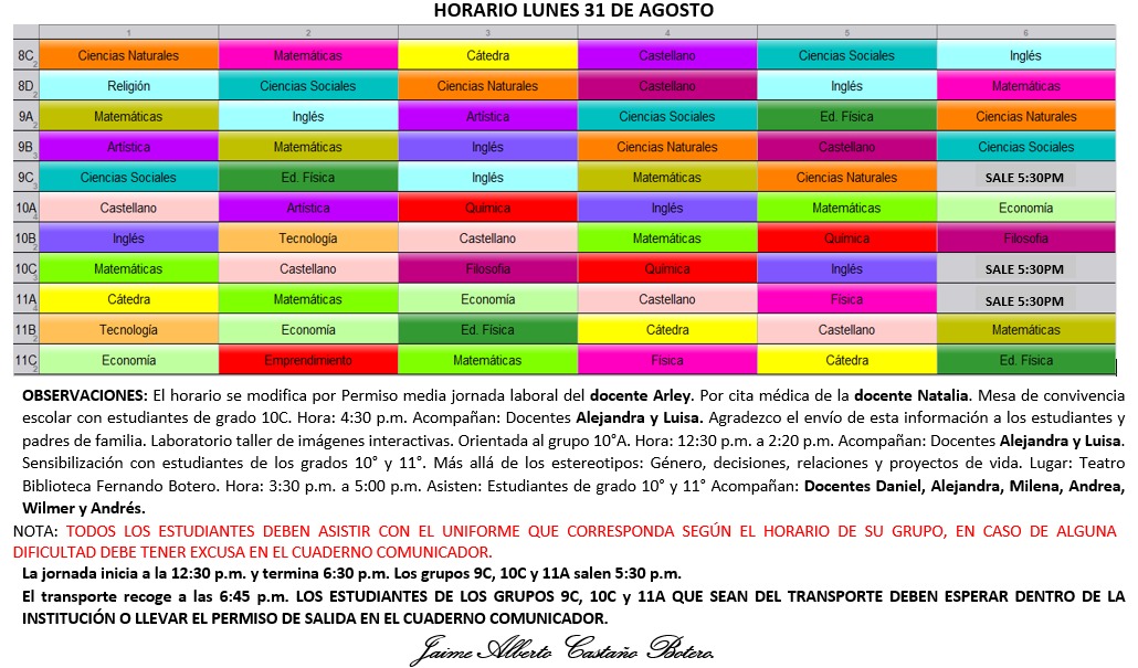 Horario Jornada Tarde - I.E. Juan J. Escobar