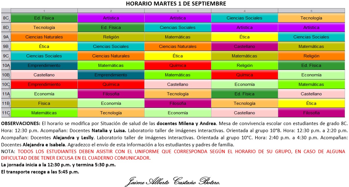 Horario Jornada Tarde - I.E. Juan J. Escobar