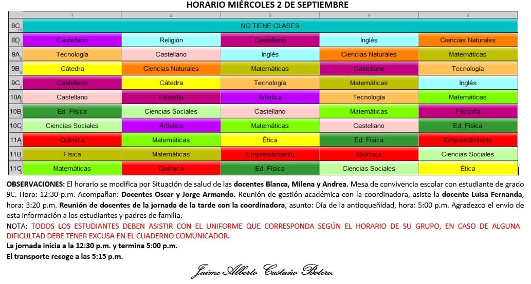 Horario Jornada Tarde - I.E. Juan J. Escobar